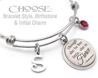 FIERCE CHARM BRACELET, Though She Be But Little She Is Fierce, Shakespeare, Fierce Jewelry, Empowerment, Choose Initial, Choose Birthstone