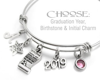 GRADUATION CHARM BRACELET, Graduation Necklace, Graduation Key Chain, Class of 2019, Choose Year, Choose Initial, Graduation Gift For Her