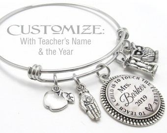 TEACHER CHARM BRACELET, Customize With Teacher's Name, Gift For Teacher, Gifts for Her, Teacher Appreciation, Charm Bangle