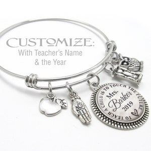 TEACHER CHARM BRACELET, Customize With Teacher&#39;s Name, Gift For Teacher, Gifts for Her, Teacher Appreciation, Charm Bangle