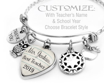 TEACHER CHARM BRACELET, Customize With Teacher's Name and School Year, Gift For Teacher, Gifts for Her, Teacher Appreciation, Charm Bangle