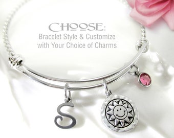 YOU ARE MY Sunshine Charm Bracelet, Charm Bangle, Gifts for Her, Romantic Gifts, Charm Bangle Bracelet, Choose Birthstone, Choose Initial