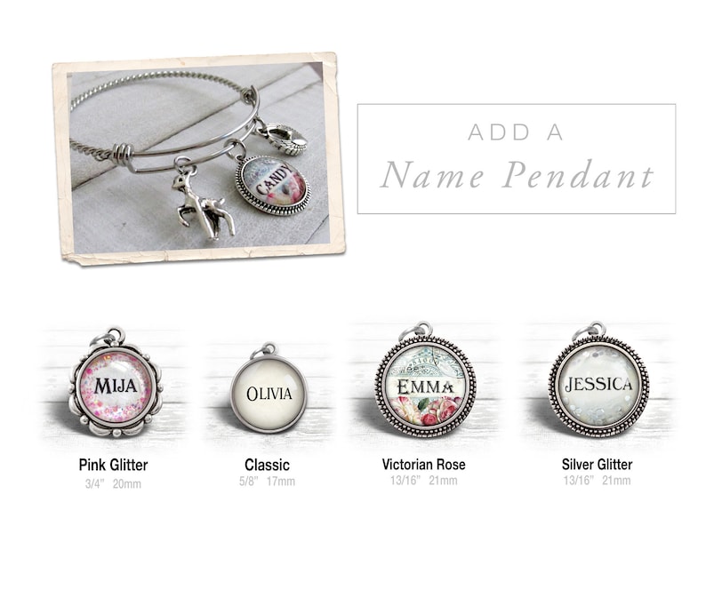 May include: Four silver charm bracelets with different designs. The charms are round and feature different designs, including pink glitter, a classic design, a Victorian rose design, and silver glitter. The charms are 3/4 inch (20 mm), 5/8 inch (17 mm), 13/16 inch (21 mm), and 13/16 inch (21 mm) in diameter.