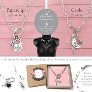 May include: A silver-toned necklace featuring a carabiner clasp and various charms, including a lock with the word LOVE, a moon with the text I love you to the moon, a star, a feather, and a pinecone. The set includes paperclip and cable chain options.
