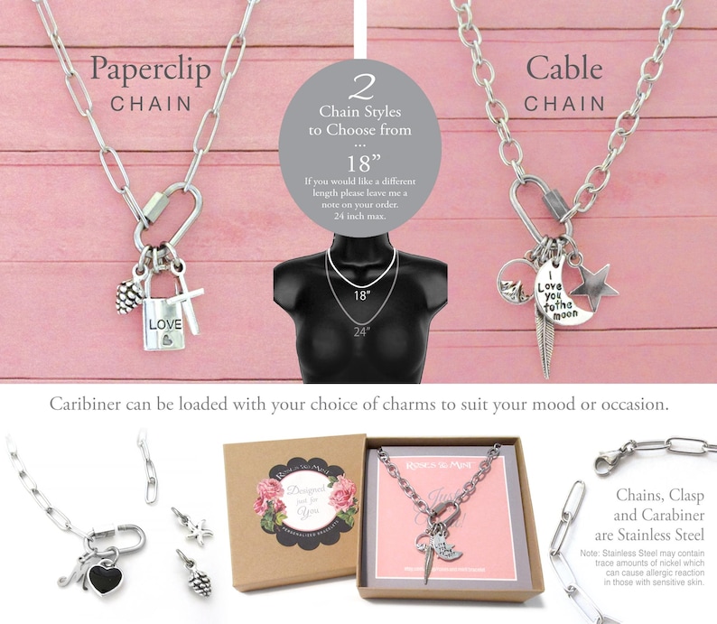 May include: A silver-toned necklace featuring a carabiner clasp and various charms, including a lock with the word LOVE, a moon with the text I love you to the moon, a star, a feather, and a pinecone. The set includes paperclip and cable chain options.