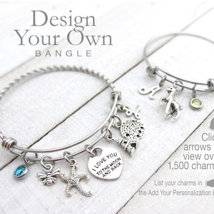 CUSTOM CHARM BRACELET, Design Your Own, Choose Your Charms, Birthday Bracelet, Stackable Bangles, Personalized Gifts, Gifts for Her