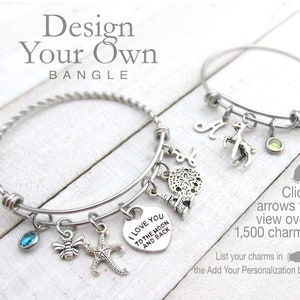 CUSTOM CHARM BRACELET, Design Your Own, Choose Your Charms, Birthday Bracelet, Stackable Bangles, Personalized Gifts, Gifts for Her, Bases