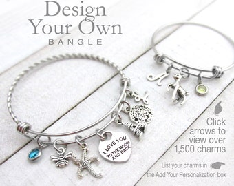 CUSTOM CHARM BRACELET, Design Your Own, Choose Your Charms, Birthday Bracelet, Stackable Bangles, Personalized Gifts, Gifts for Her