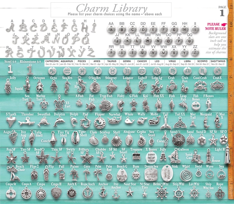 May include: A comprehensive catalog page titled Charm Library, displaying a wide variety of silver-toned metal charms arranged in rows. The collection includes alphabet letters, zodiac symbols, and sea-themed icons, with a vertical 10-inch ruler on the right.