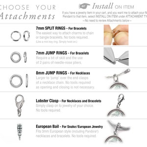 May include: A graphic showing different types of jewelry attachments, including split rings, jump rings, lobster clasps, and European bails. The image includes text describing the type of attachment and its use.
