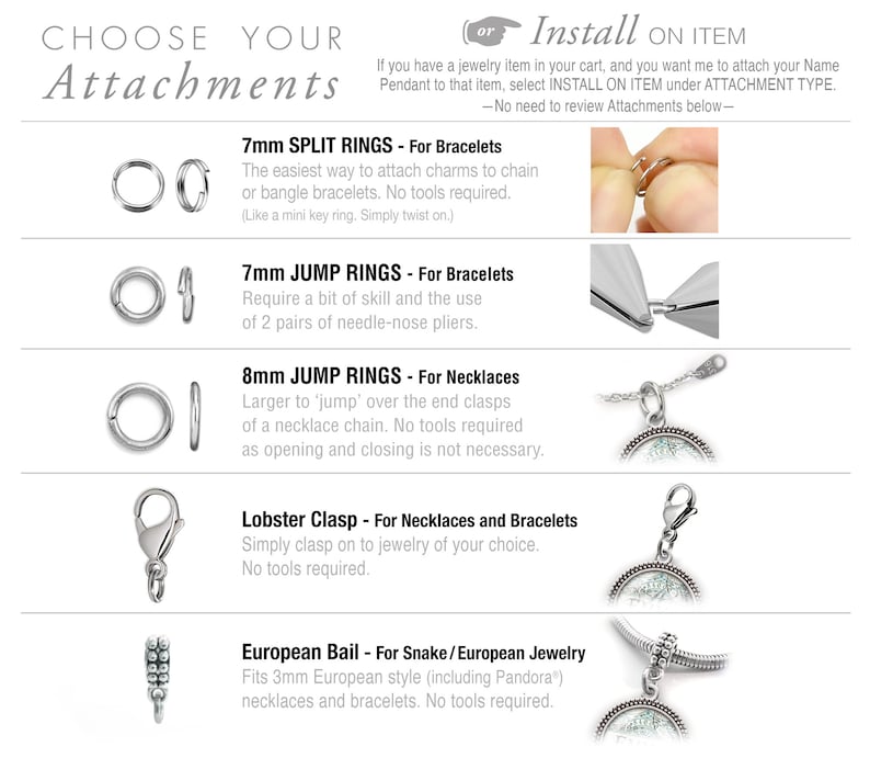 May include: A graphic showing different types of jewelry attachments, including split rings, jump rings, lobster clasps, and European bails. The image includes text describing the type of attachment and its use.