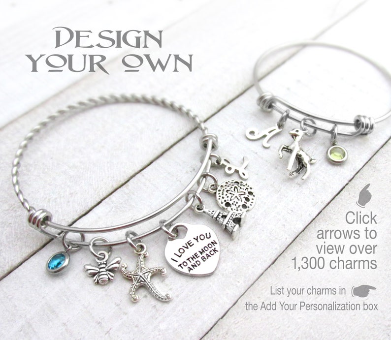 CUSTOM CHARM BRACELET, Design Your Own, Choose Your Charms, Birthday Bracelet, Stackable Bangles, Personalized Gifts, Gifts for Her 