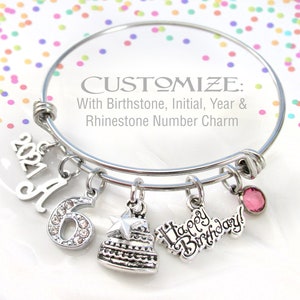 BIRTHDAY CHARM BRACELET, Birthday Bracelets, Choose Age, Rhinestones, Birthday Gift for Her, Birthstone Bracelet, Initial