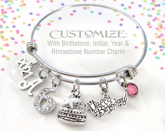 BIRTHDAY CHARM BRACELET, Birthday Bracelets, Choose Age, Rhinestones, Birthday Gift for Her, Birthstone Bracelet, Initial