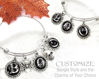HALLOWEEN Bracelet, Design Your Own, BOO, Halloween Jewelry, Gift For Her, Choose Your Charms, Halloween Gift, Stack Bangles, Cat Lover