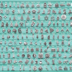 Puede incluir: Una colecci&oacute;n de dijes de metal plateado dispuestos en una cuadr&iacute;cula sobre un fondo verde azulado, con varias formas que incluyen comida, s&iacute;mbolos festivos y art&iacute;culos del hogar, con una regla vertical de 25,4 cm en el lado derecho.
