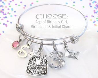 BIRTHDAY BRACELET, Birthday Charm Bracelet, Choose Age, Rhinestones, Birthday Gift for Her, Birthstone Bracelet, Initial