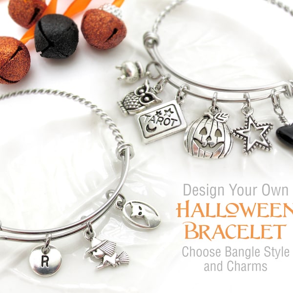 HALLOWEEN Bracelet, Design Your Own, Halloween Jewelry, Gift For Her, Choose Your Charms, Halloween Gift, Stack Bangles, Cat Lover