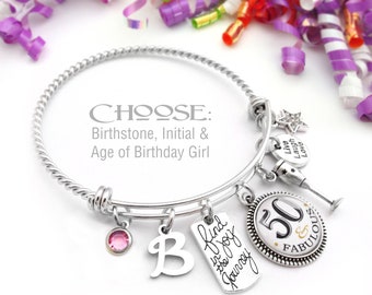 BIRTHDAY CHARM BRACELET, Choose Your Age, Gifts for Her, Birthday Gift, Choose Initial, Choose Birthstone, Charm Bangle