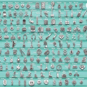 Puede incluir: Una colecci&oacute;n de dijes de metal plateado dispuestos en una cuadr&iacute;cula sobre un fondo azul claro, con diversas formas como instrumentos musicales, equipos deportivos y herramientas. Una regla de madera a la derecha muestra 25 cm.