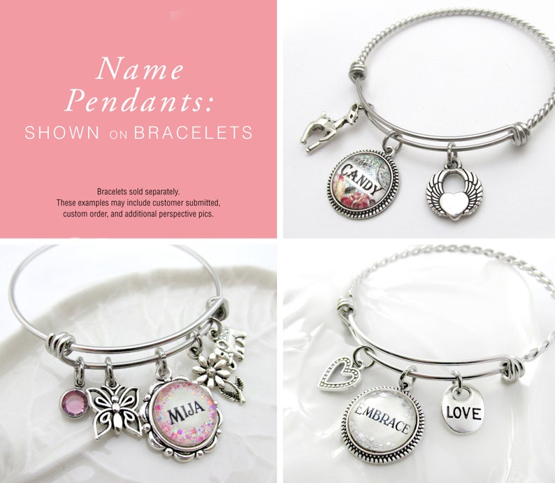 May include: Four silver bangle bracelets with charms and personalized name pendants. The pendants feature the words "MIJA", "CANDY", "EMBRACE", and "LOVE".
