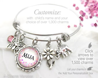 CHILD'S BRACELET, Child's Glitter Charm Bracelet, Custom Name, Birthday Gift for Girl, Child's Charm Bracelet
