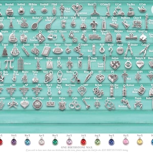 May include: A collection of silver-toned metal charms arranged in rows on a teal background, featuring sports, school, medical, and emergency themes, with a vertical 10-inch ruler on the right and twelve colored birthstone charms at the bottom.