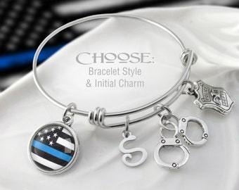 LAW ENFORCEMENT Charm Bracelet, Thin Blue Line Bangle, Police Jewelry, Empowerment, Gift for Her, Law Enforcement Jewelry