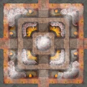 May include: A top-down view of a square room with a central fountain and eight alcoves around the perimeter. Each alcove has a small, glowing orb and a swirling mist effect. The room is made of stone and has a worn, aged appearance.