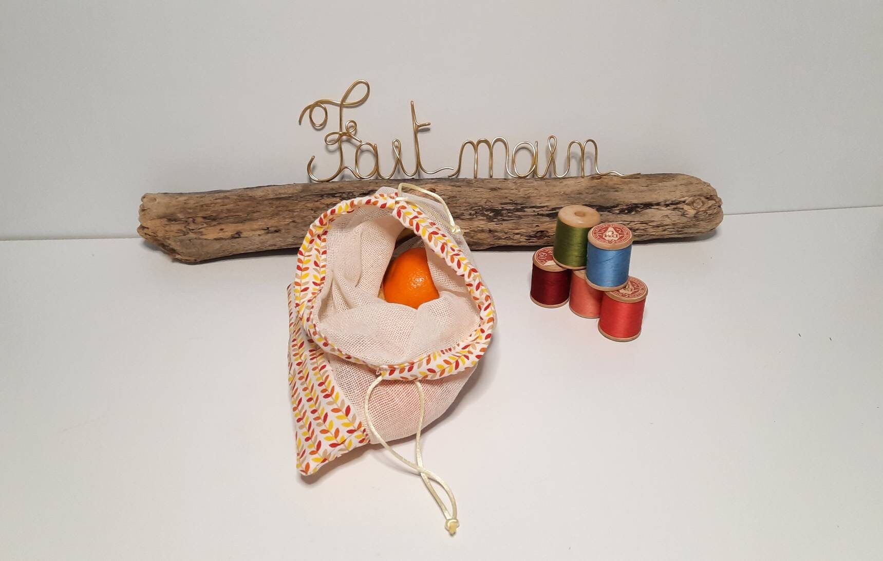 Lot de 2 Sacs à Vrac en Coton avec Des Dessins Géométriques et Filet Bio Fond Beige, Avecvunnlien Fe