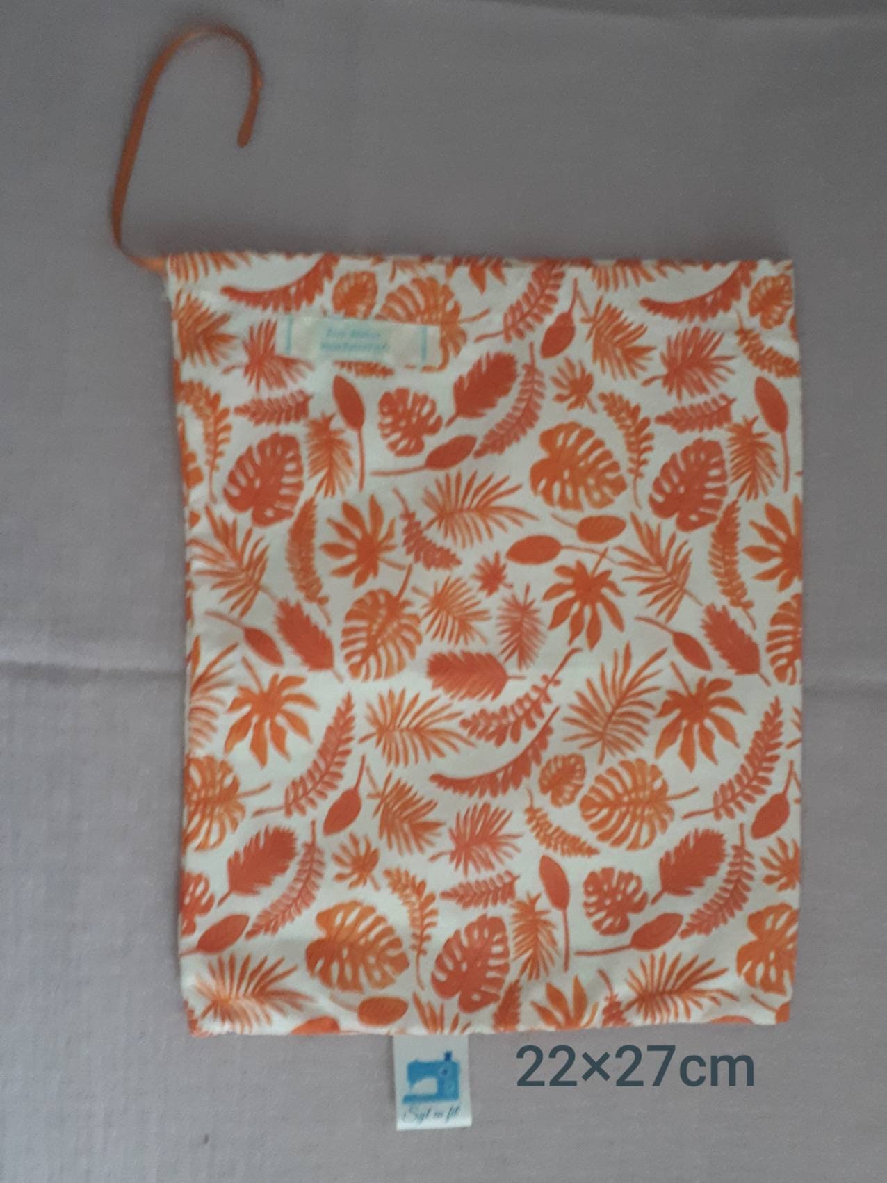 Sac à Vrac en Coton Oekotex Feuillage Orange sur Fond Beige Clair, Fermeture avec Un Lien Ruban Oran