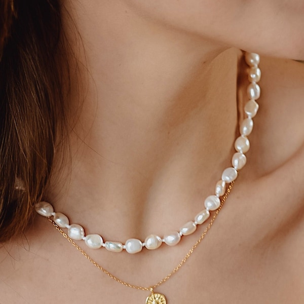 Baroque Pearl Necklace Gold | klassische Perlenkette aus echten Baroque Süßwasserperlen aus 925 Sterling Silber 18 Karat vergoldet