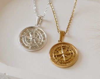 Compass Coin Necklace | sommerliche Münzkette mit Kompass Anhänger aus 316L Edelstahl wahlweise 18K vergoldet