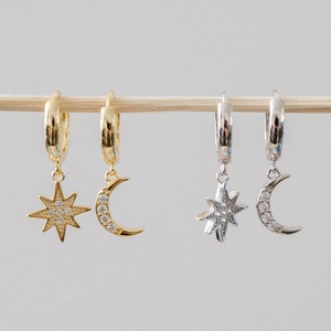 Moon & Star Hoop Earrings Classic | asymmetrical small CZ hoops with moon and star pendants made of 925 silver, optionally 18 carat gold-plated