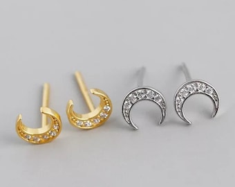 Moon stud earrings | CZ mini stud earrings with zirconia stones in the shape of a moon made of 925 sterling silver, optionally 18 carat gold-plated