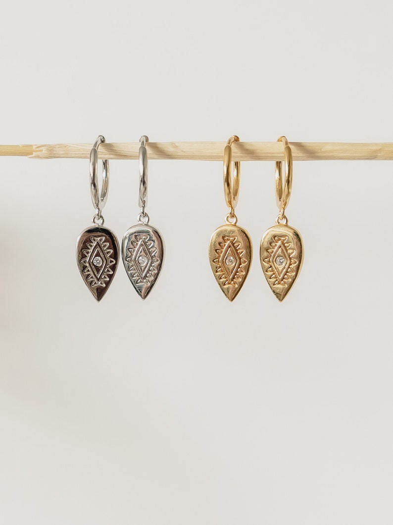 silver earrings hoops with pendants Zirconia Stones 925 Silver golden earrings Oval Drop Hoop earrings Marrakech 18K Gold Plated