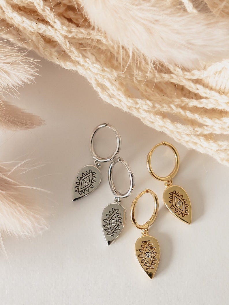 silver earrings hoops with pendants Zirconia Stones 925 Silver golden earrings Oval Drop Hoop earrings Marrakech 18K Gold Plated