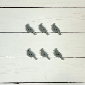 May include: Six gray bird-shaped buttons arranged on a white wooden surface. Each button has two small holes and a tail. The buttons are evenly spaced and create a decorative pattern.