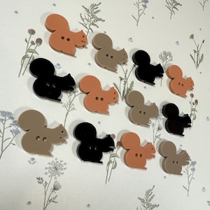 May include: A selection of squirrel-shaped buttons in shades of orange, beige, and black. The buttons are displayed against a floral patterned backdrop. Each button features two holes for sewing.