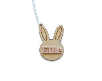 Personalized Bunny Easter Basket Tag, Birch & Acrylic Name Tag