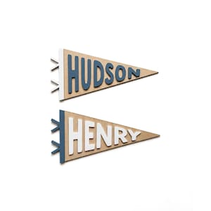 May include: Two triangular pennants made of light wood. The top pennant features the name HUDSON in dark blue raised letters with a white vertical strip on the left. The bottom pennant features the name HENRY in white raised letters with a dark blue vertical strip on the left.