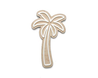 May include: A flat, palm tree-shaped cutout made of light-colored wood. The design features a raised, white, continuous outline that traces the trunk and the fronds of the palm tree, creating a layered effect against the wooden base.