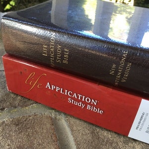May include: Two Bibles are stacked on a brick surface. The top Bible is dark brown with the text "Life Application Study Bible" and "New International Version." The bottom Bible is red with the text "Life Application Study Bible."