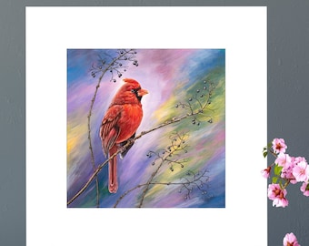 Cardinal Art Print, Red Bird on Branch, Nature Home Decor