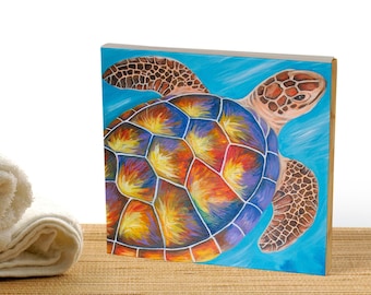 Fire Turtle Art Print on Wood – Tropical Ocean Decor
