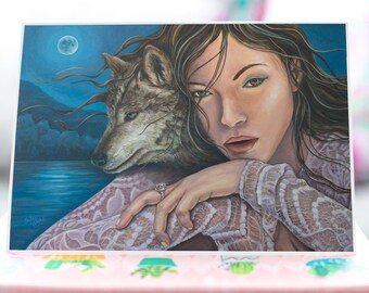 Wild Spirit painting, Wolf moon art, Wolf Animal Greeting Card, Lady Wolf wall art, Full moon over lake decor, Wolf Card By Sylvia Aldebol.