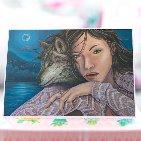 Wild Spirit painting, Wolf moon art, Wolf Animal Greeting Card, Lady Wolf wall art, Full moon over lake decor, Wolf Card By Sylvia Aldebol.