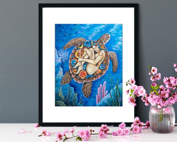 Gentle Ride, Turtle Dream Art, Mythology Dreams Painting, Caribbean Colors, Art Print from Original Art By Sylvia Aldebol.