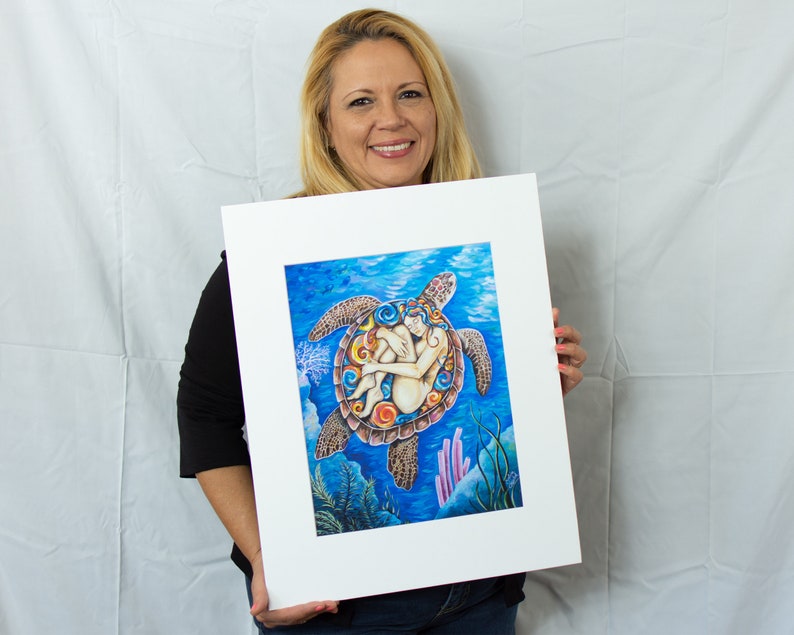 Turtle Dream Art Print, Mythology Painting, Caribbean Colors 16"x20" WhiteMat Set