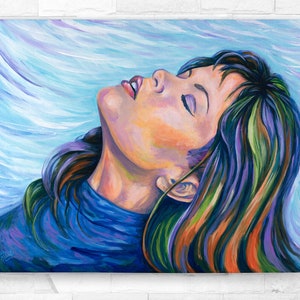 Beautiful Woman Painting, Original Acrylic on Canvas Wall Art, Lady Feelings, Life Dreams, Modern Art Deco, Original Art by Sylvia Aldebol.